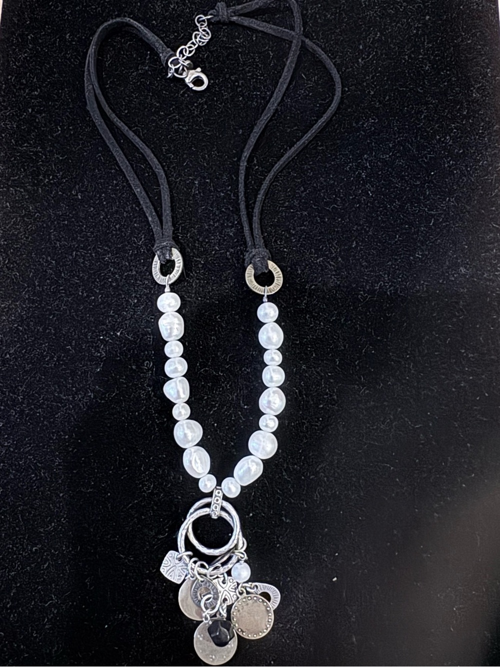 Silpada Silver Brass Pearl Obsidian Coin Necklace